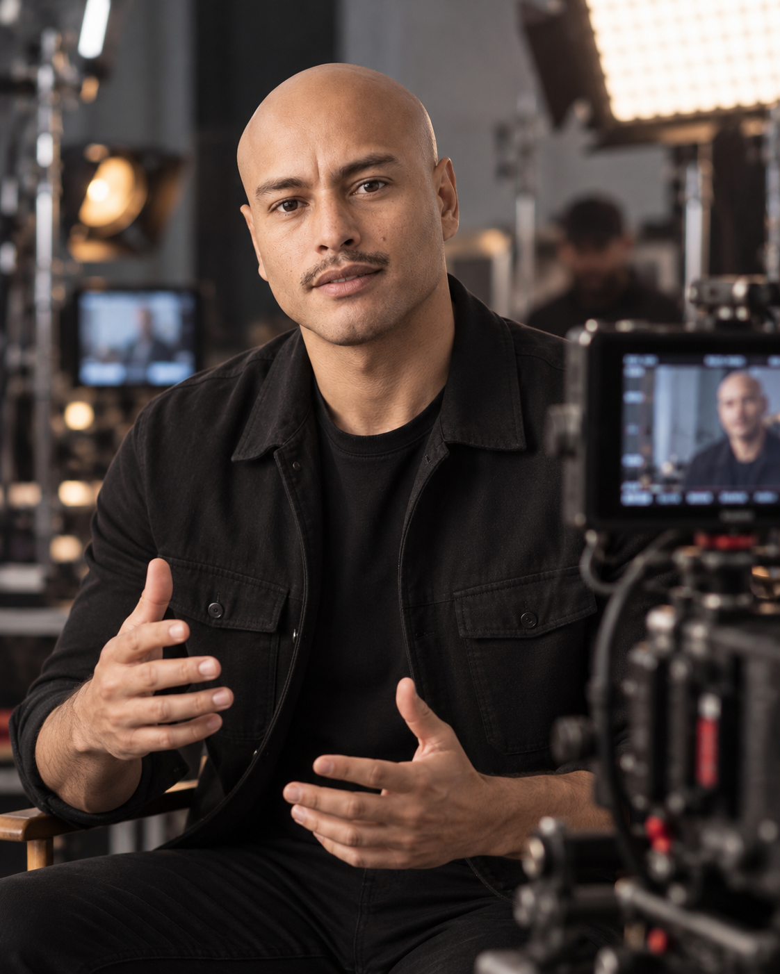 Max Tijerino, founder of MVTJ Designs, seated among cameras and studio lighting