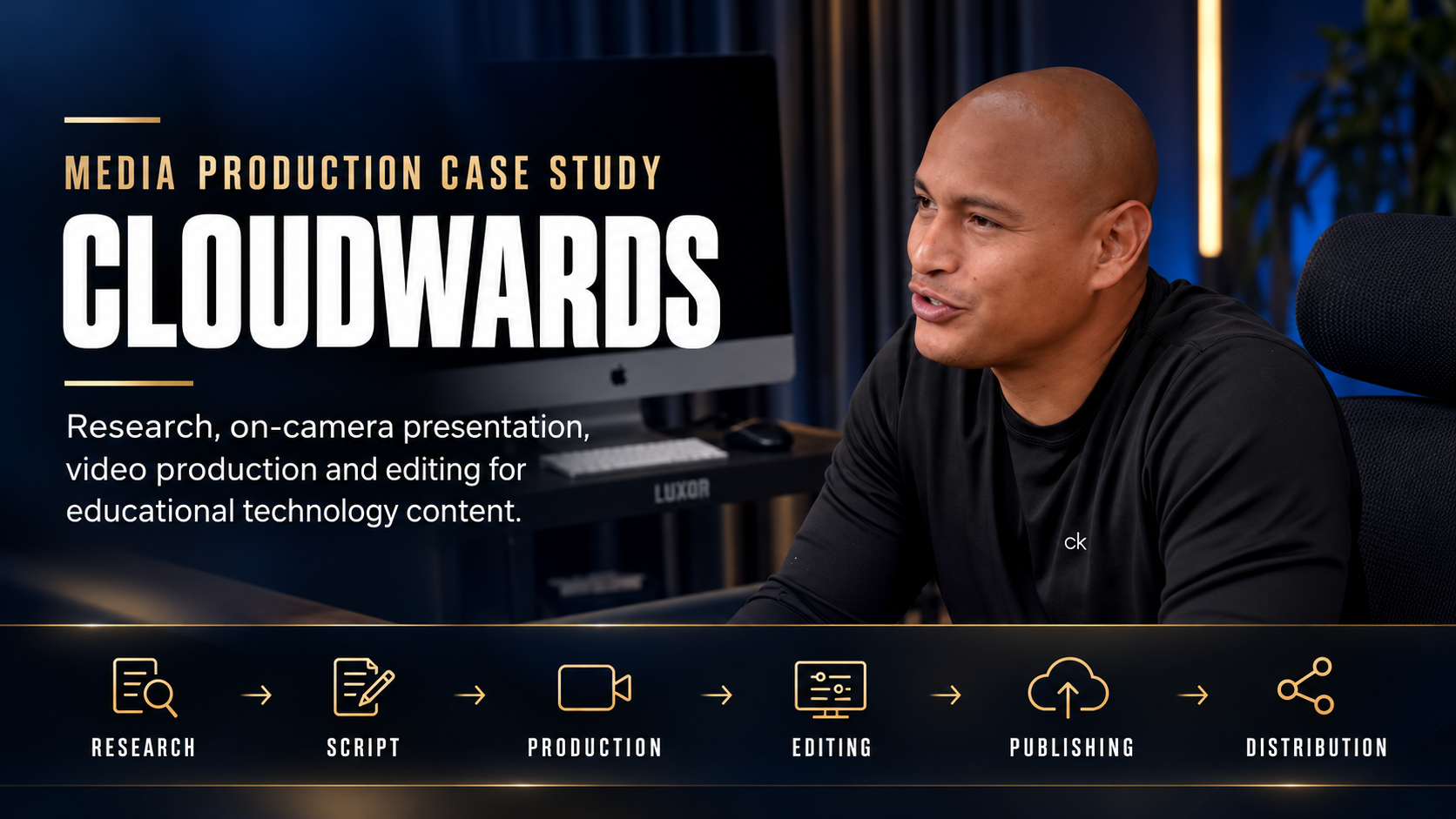 Cloudwards media production case study featuring Max Tijerino beside a monitor, with research, scripting, production, editing, publishing and distribution stages