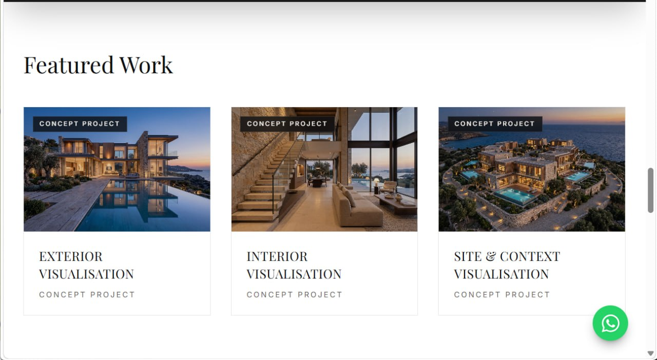 Create + Elevate Featured Work showing exterior, interior, and site and context visualisation cards, each labelled Concept Project