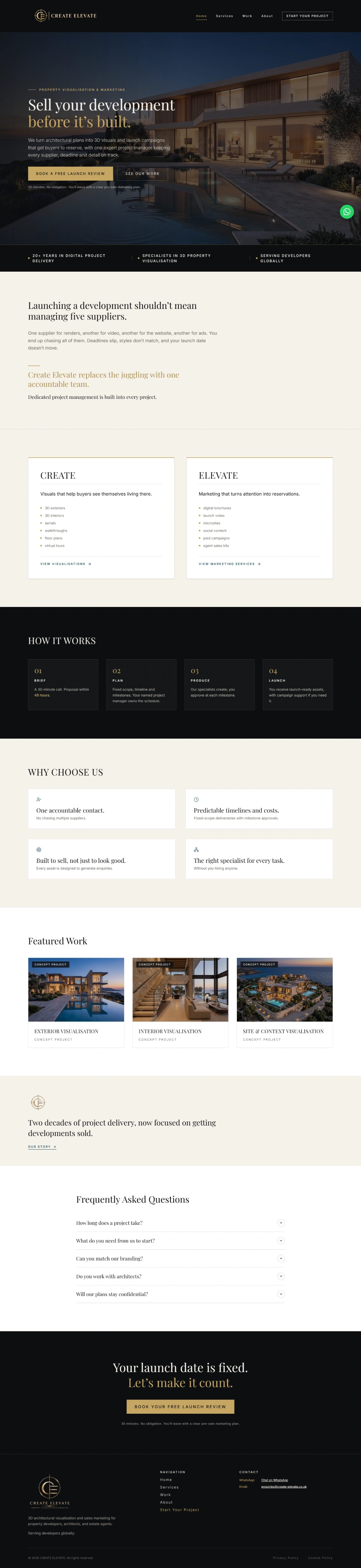 Full Create + Elevate homepage showing the architectural hero, CREATE and ELEVATE services, process, value proposition, concept work and launch-review action