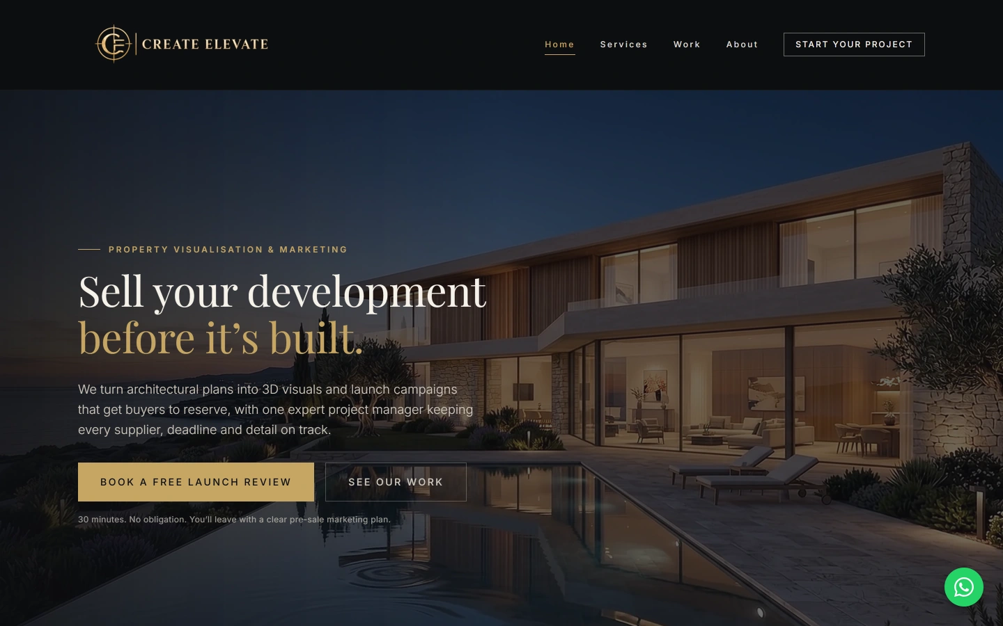Create + Elevate homepage featuring a contemporary villa, the studio wordmark and a development launch-review call to action