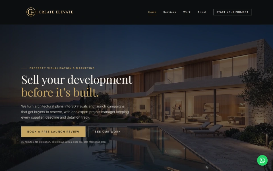 Genuine Create + Elevate homepage with navigation, property marketing headline and enquiry actions