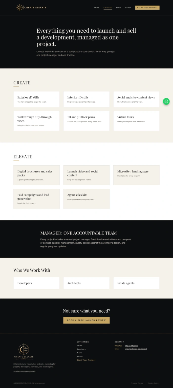 Create + Elevate Services page showing CREATE visual-production cards, ELEVATE marketing cards, managed-service positioning, client industries and a Free Launch Review action