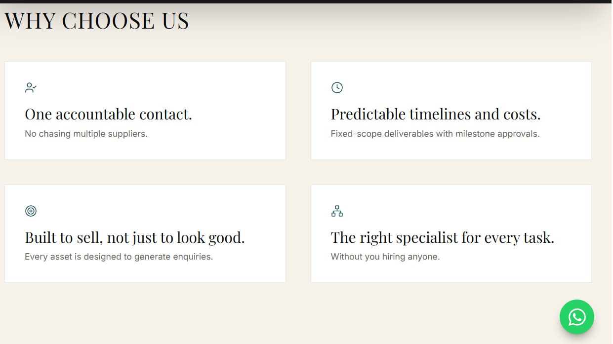 Create + Elevate Why Choose Us section with four cards describing one accountable contact, predictable timelines and costs, enquiry-focused assets and specialist support