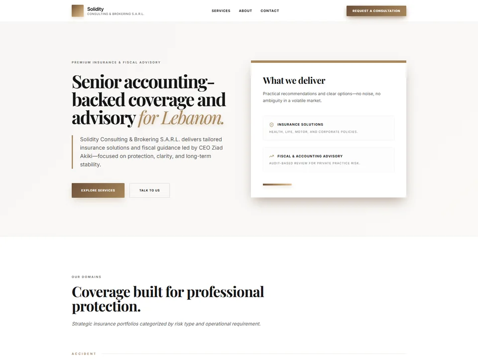 Solidity homepage presenting insurance coverage and fiscal advisory services for Lebanon