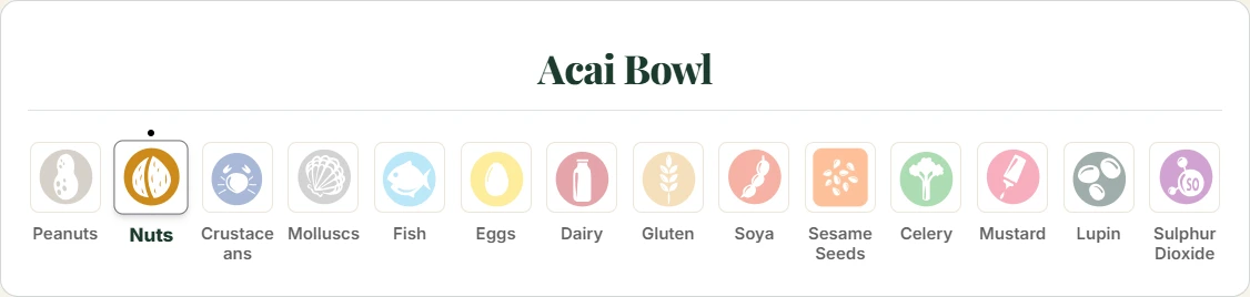Actual Pendeli Cold Items view showing Acai Bowl and its fourteen labelled allergen indicators