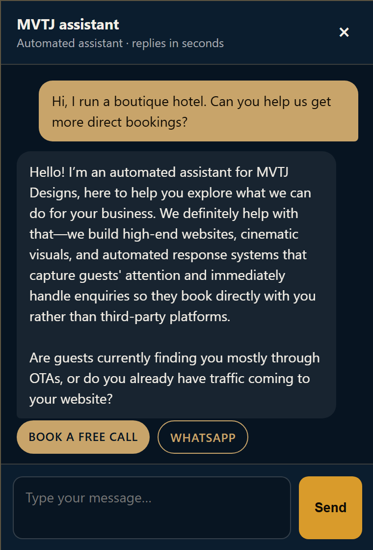 The MVTJ website assistant answering a hotel owner’s question about direct bookings